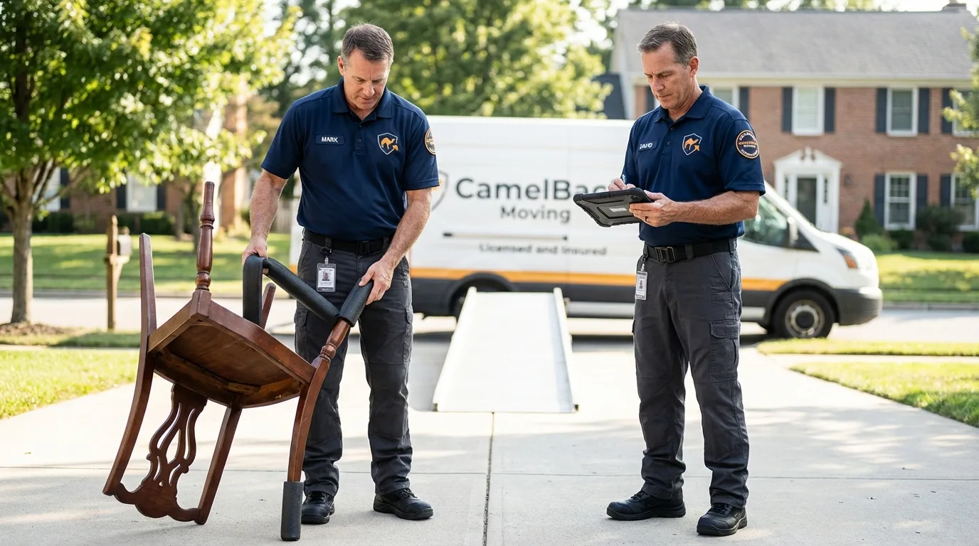 Movers inspecting furniture for damage prevention before loading in Atlantic Beach, FL