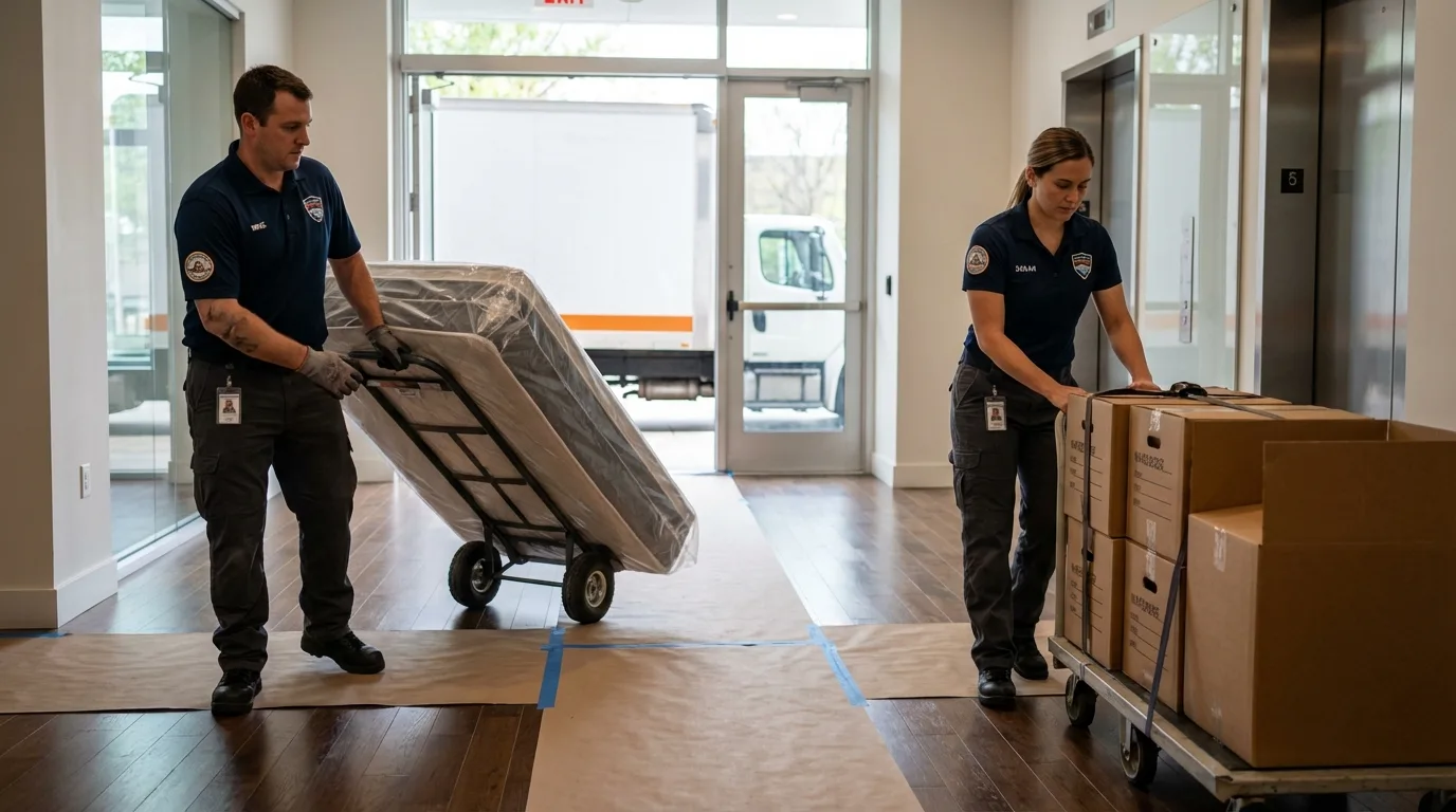 Professional apartment movers loading elevator in Atlantic Beach, FL