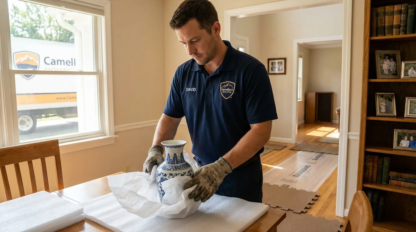 Professional crew carefully wrapping antique vase for senior downsizing move in Atlantic Beach, FL